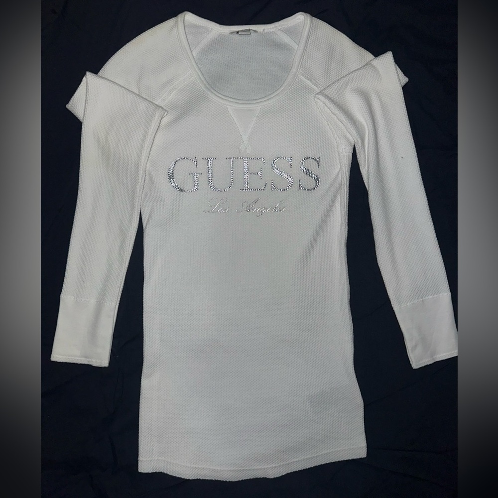 Early 2000’s Guess Classic White Pullover with Rhinestone Brand Name Detail (M)